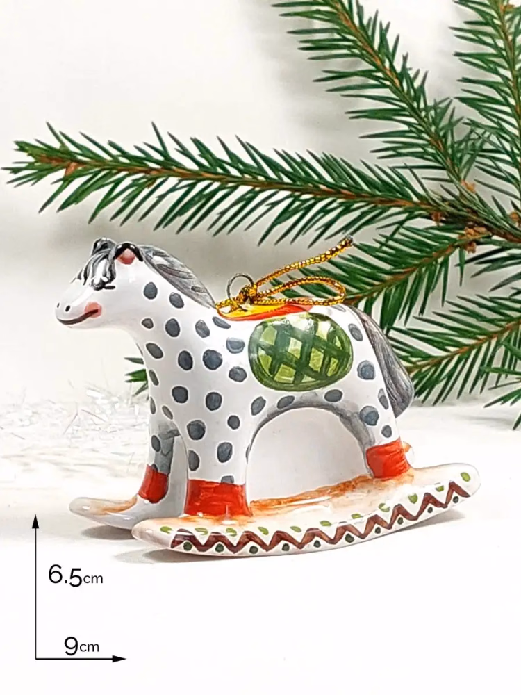 Елочная игрушка майолика Лошадка-качалка, ручная роспись