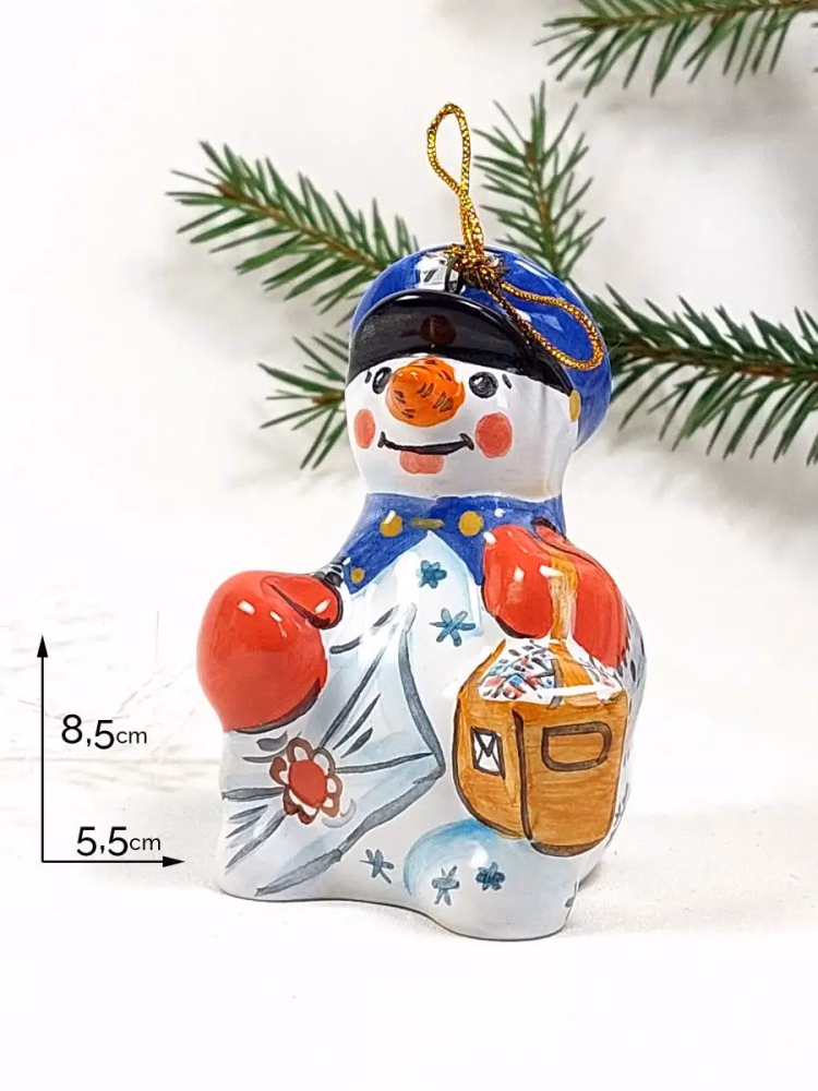 Елочная игрушка майолика Снеговик с сумкой, ручная роспись