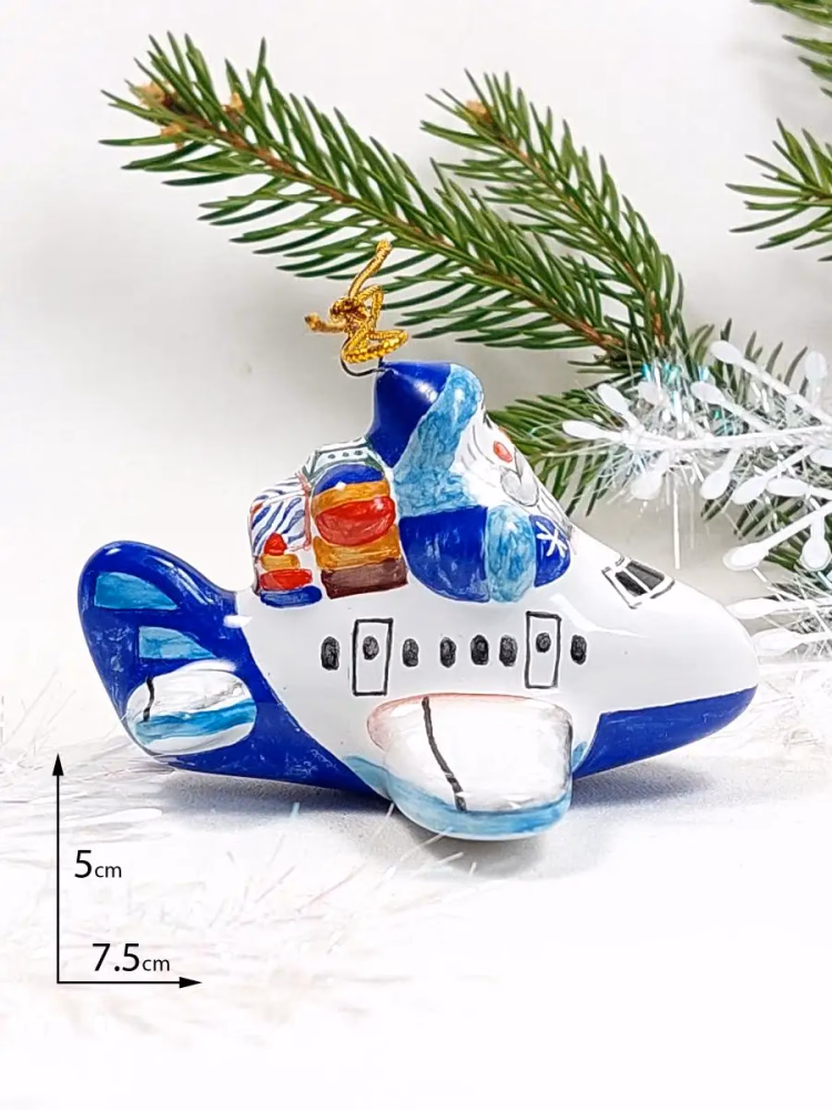 Елочная игрушка Самолет. Майолика, ручная роспись.
