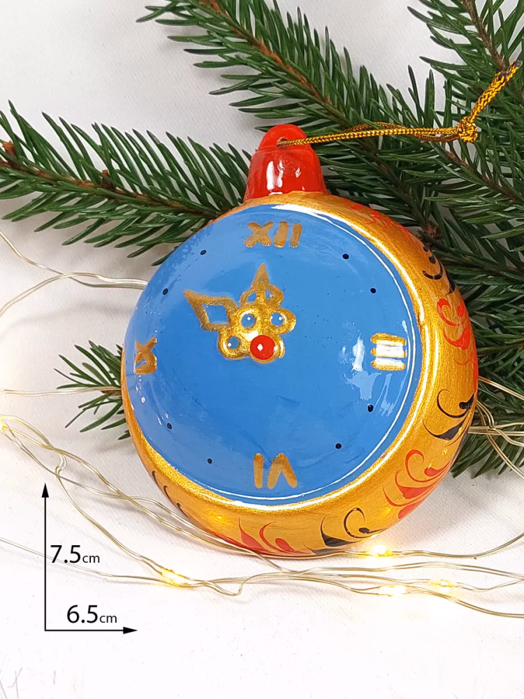 Елочная игрушка фарфор Часы, Хохлома