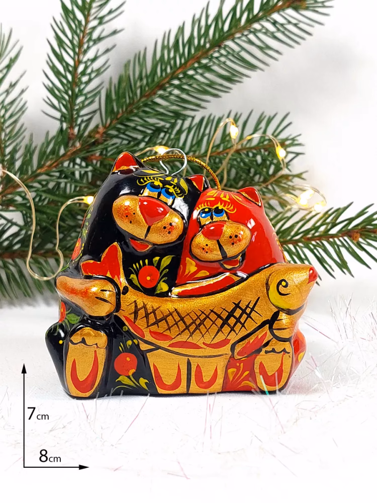 Елочная игрушка Пара кот и кошка с рыбкой Хохлома
