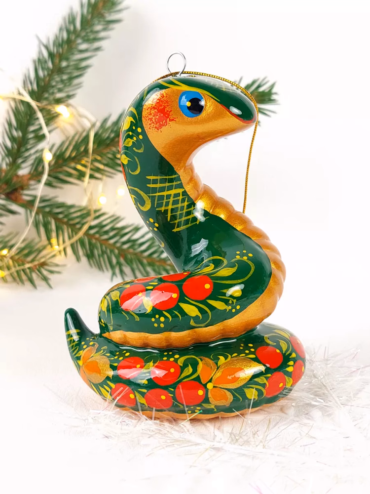 Елочная игрушка фарфоровая Змея Хохлома