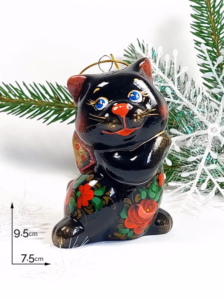 Елочная игрушка Кот с бантом. Фарфор, ручная роспись