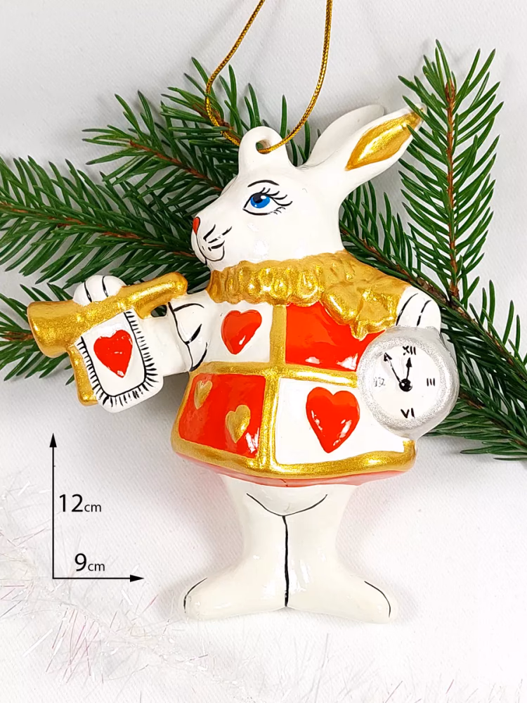 Елочная игрушка Кролик с часами. Фарфор, ручная роспись